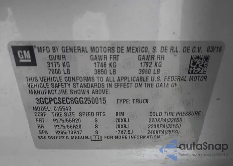 2016 Chevrolet Silverado 1500 1Lz из США, поврежденный, VIN 3GCPCSEC8GG250015